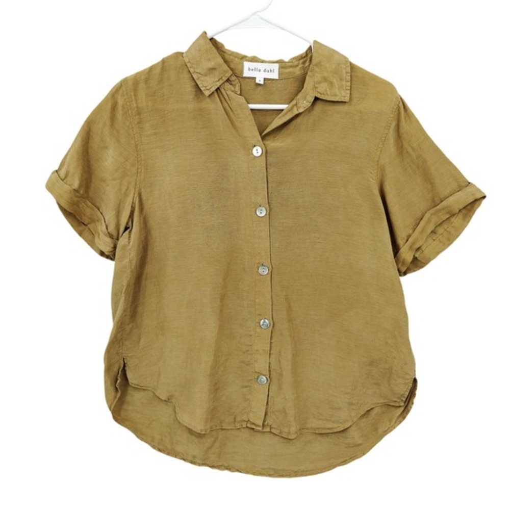 Bella Dahl Womens Coastal Preppy Airy Linen Lyocell Button Up Shirt S Brown Top